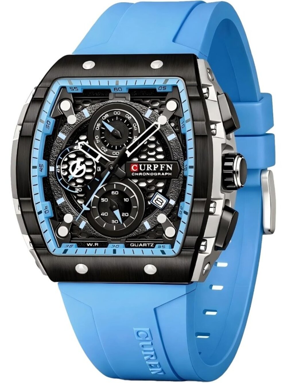 Stylish Men's Chronograph Watch, Big Face Design, Tonneau Case, Durable Rubber